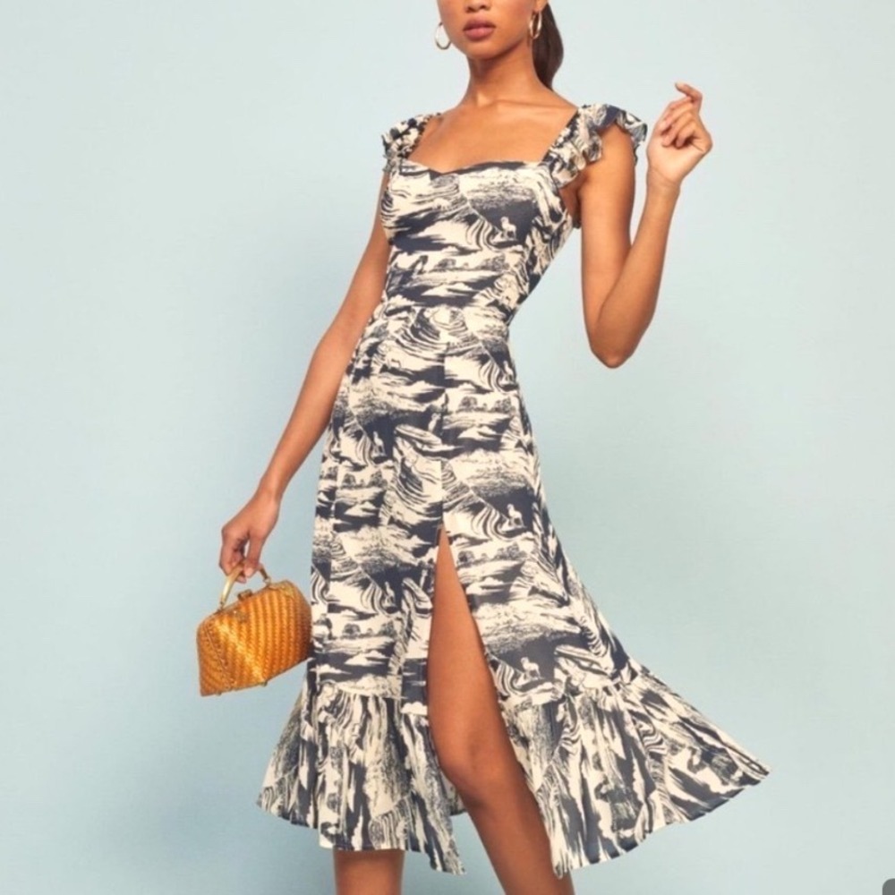 REFORMATION Size 4 Bondi Dress Utah print Print Midi Slit Navy